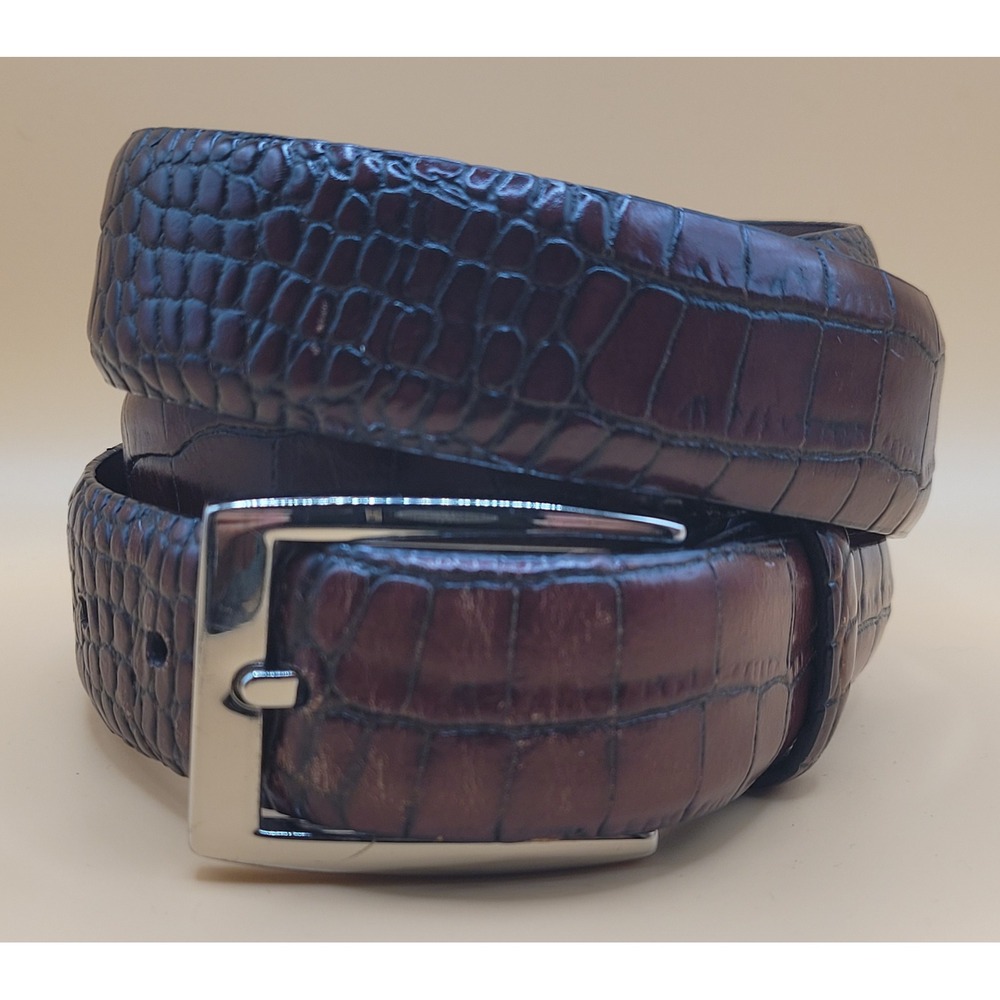 Torino Mens Dark Brown Crocodile Embossed Leather Belt Silver Buckle Size 36